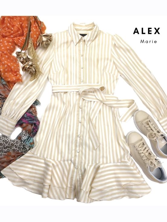 Alex Marie Dresses & Skirts - New Striped Cream Striped  and White Button-Front Peplum Belted dress Sz 4